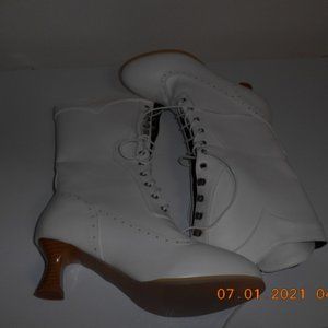 White faux leather Victorian boots